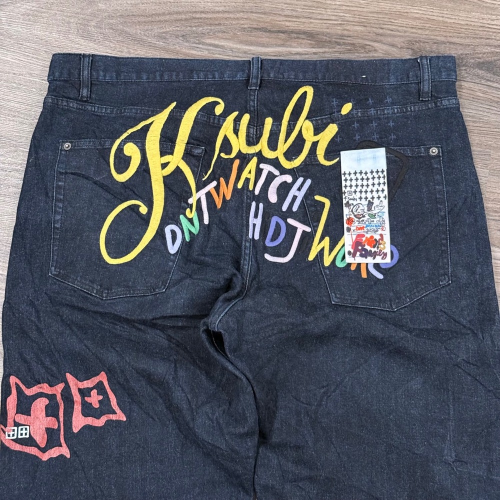 Ksubi Dark Wash Distressed Graphic Print Denim Selvidge button fly Jeans 40x30 - Picture 5 of 11